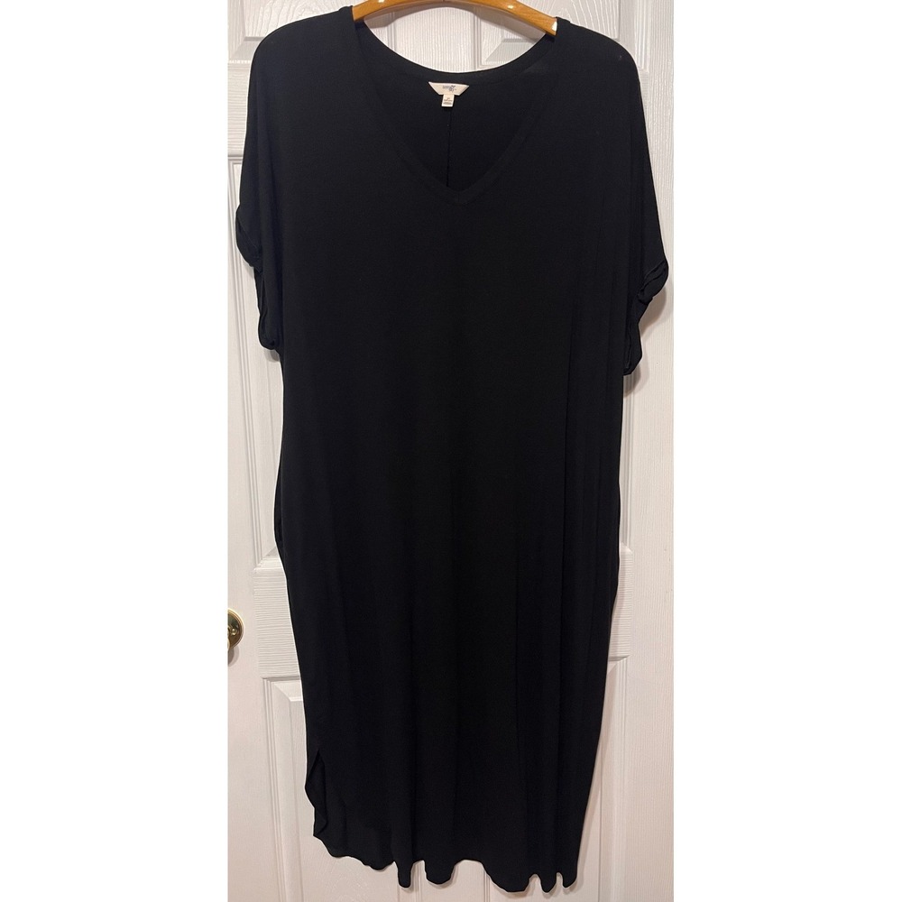 Terra Sky Black V Neck Short Sleeve Casual Midi Dress with Pockets‎ Plus Size 3X